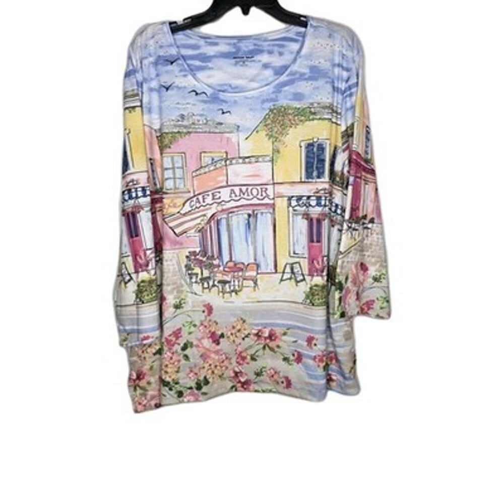 Allison Daley Womens Size 3X WaterColor Cafe Print 3/4 Sleeve Crew Neck Knit Top
